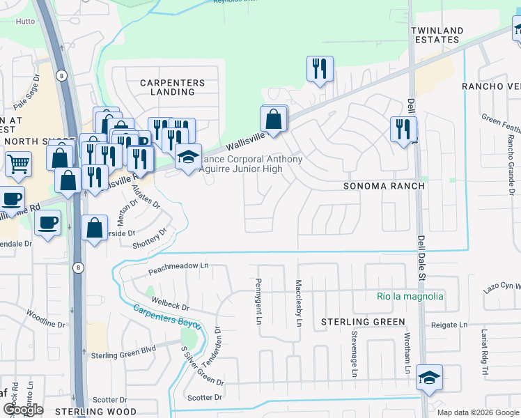 map of restaurants, bars, coffee shops, grocery stores, and more near 15710 Coz Court in Houston