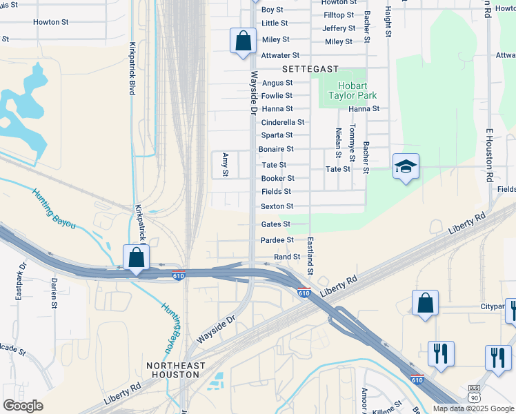 map of restaurants, bars, coffee shops, grocery stores, and more near 6211 North Wayside Drive in Houston