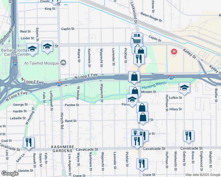map of restaurants, bars, coffee shops, grocery stores, and more near 5195 Lavender Street in Houston