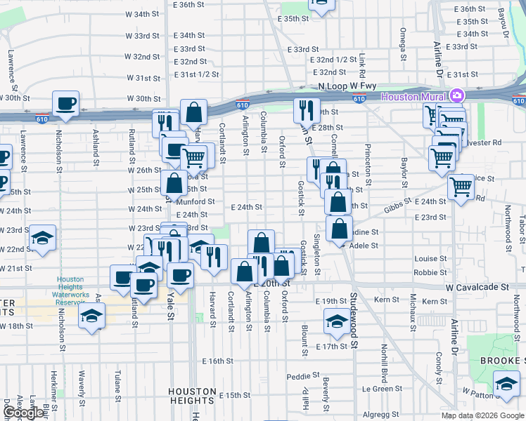 map of restaurants, bars, coffee shops, grocery stores, and more near 416 East 24th Street in Houston