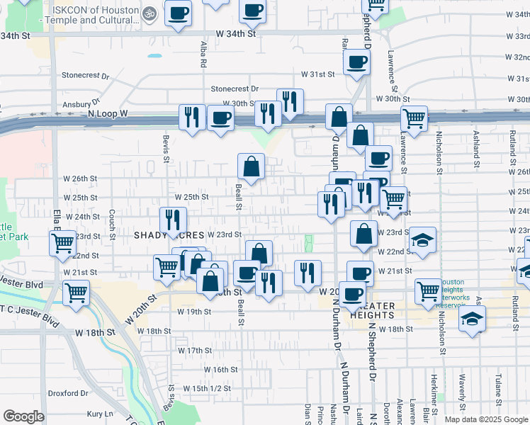 map of restaurants, bars, coffee shops, grocery stores, and more near 1007 West 24th Street in Houston
