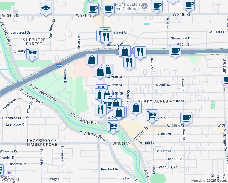 map of restaurants, bars, coffee shops, grocery stores, and more near 1619 West 24th Street in Houston