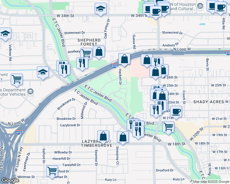 map of restaurants, bars, coffee shops, grocery stores, and more near 2407 Hackett Drive in Houston