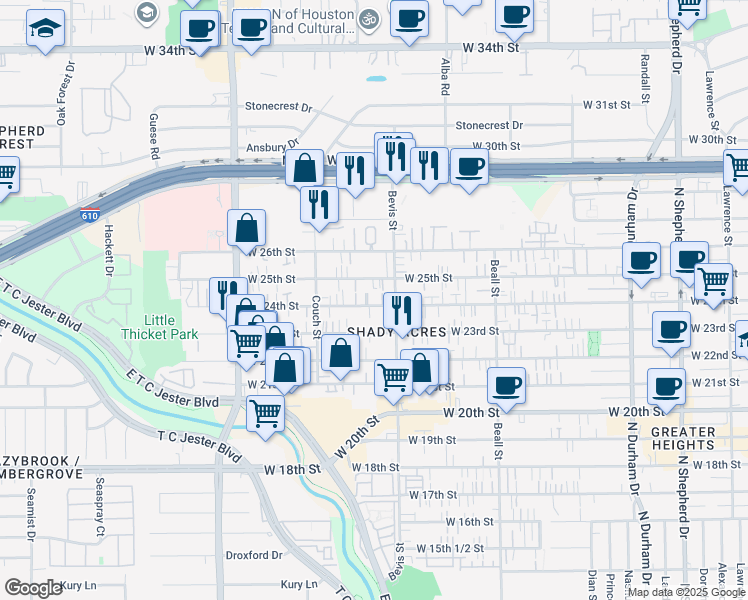 map of restaurants, bars, coffee shops, grocery stores, and more near 1321 West 24th Street in Houston