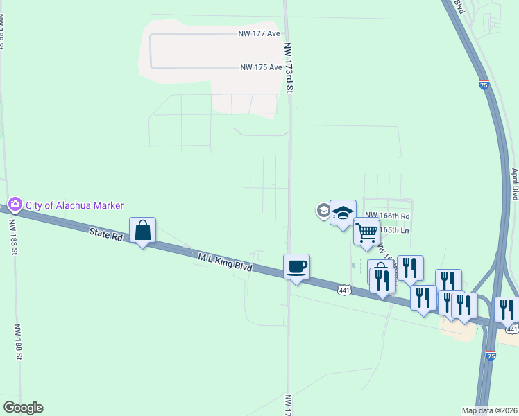 map of restaurants, bars, coffee shops, grocery stores, and more near 16634 Northwest 174th Terrace in Alachua
