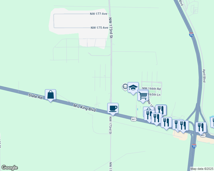map of restaurants, bars, coffee shops, grocery stores, and more near 16633 Northwest 173 Terrace in Alachua