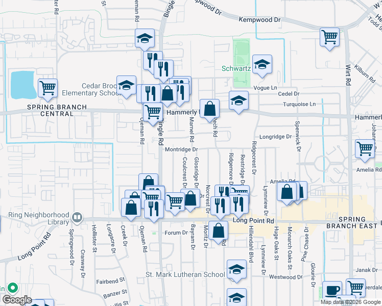 map of restaurants, bars, coffee shops, grocery stores, and more near 8541 Montridge Drive in Houston