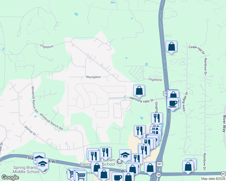 map of restaurants, bars, coffee shops, grocery stores, and more near 448 Whistlers Way in Spring Branch