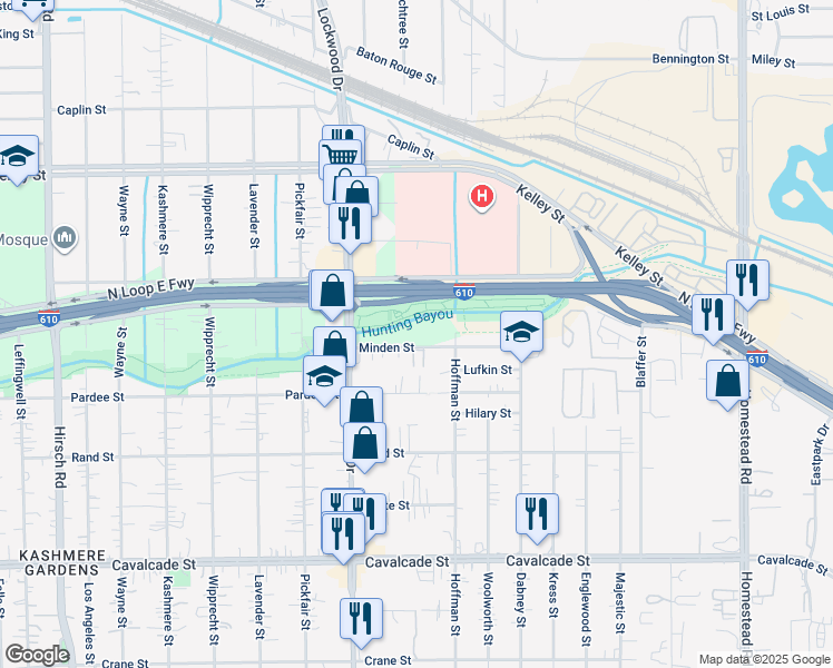 map of restaurants, bars, coffee shops, grocery stores, and more near 5509 Minden Street in Houston