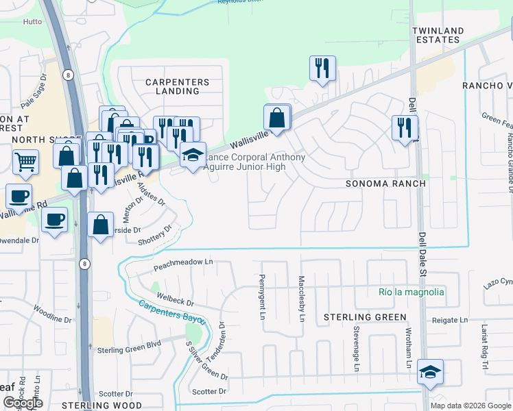map of restaurants, bars, coffee shops, grocery stores, and more near 15710 Coz Court in Houston