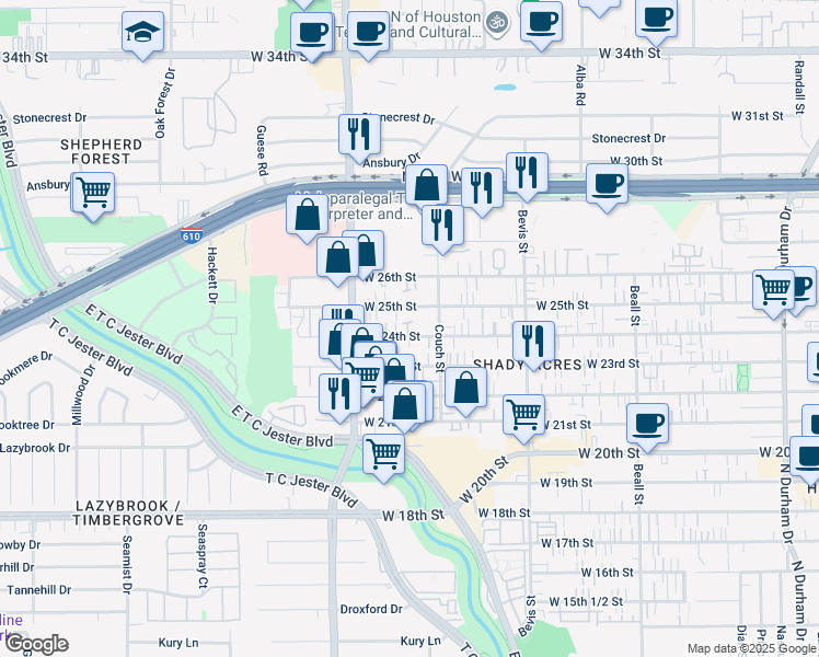 map of restaurants, bars, coffee shops, grocery stores, and more near 1523 West 24th Street in Houston