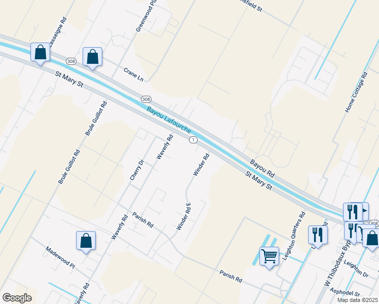map of restaurants, bars, coffee shops, grocery stores, and more near 1867 Saint Mary Street in Thibodaux