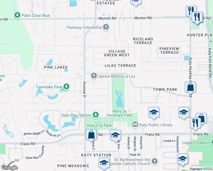 map of restaurants, bars, coffee shops, grocery stores, and more near 2407 Avenue A in Katy