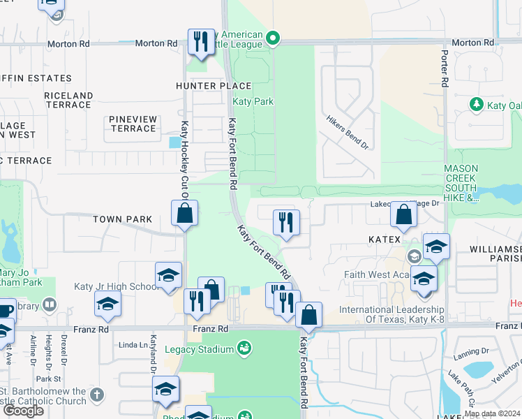 map of restaurants, bars, coffee shops, grocery stores, and more near 25035 Blue Mountain Park Lane in Katy