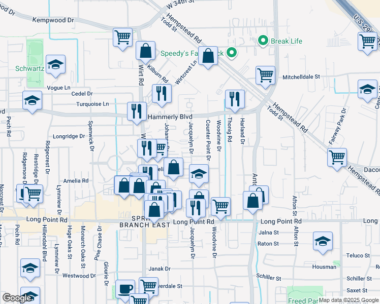 map of restaurants, bars, coffee shops, grocery stores, and more near 7704 Nasser Lane in Houston
