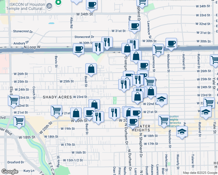 map of restaurants, bars, coffee shops, grocery stores, and more near 919 West 24th Street in Houston