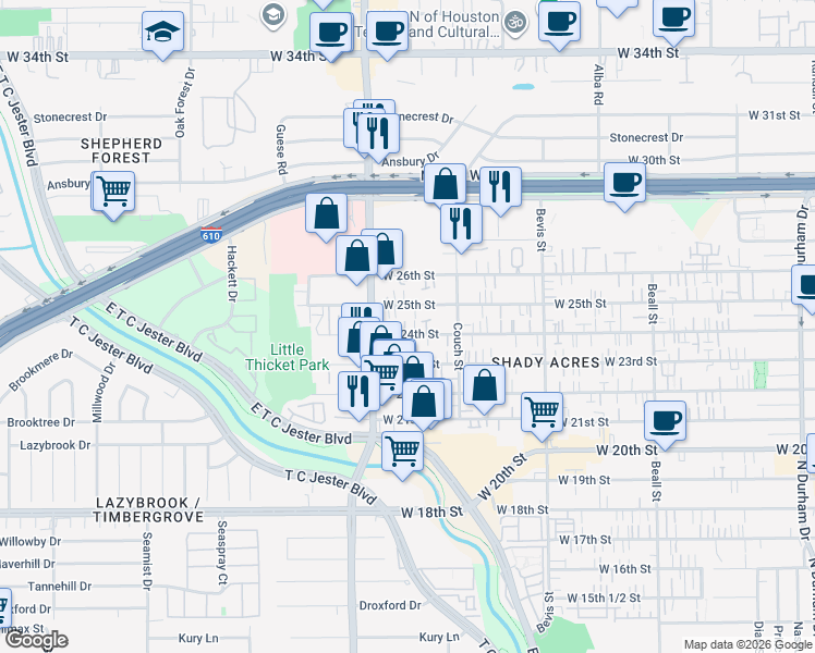 map of restaurants, bars, coffee shops, grocery stores, and more near 1619 West 24th Street in Houston