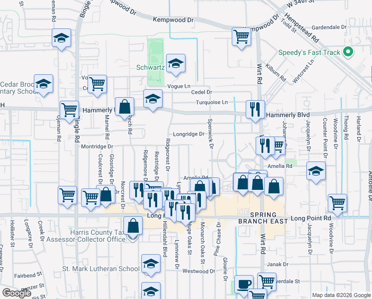 map of restaurants, bars, coffee shops, grocery stores, and more near 1945 Huge Oaks St in Houston