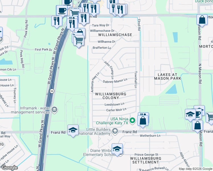 map of restaurants, bars, coffee shops, grocery stores, and more near 22802 Capitol Landing Lane in Katy