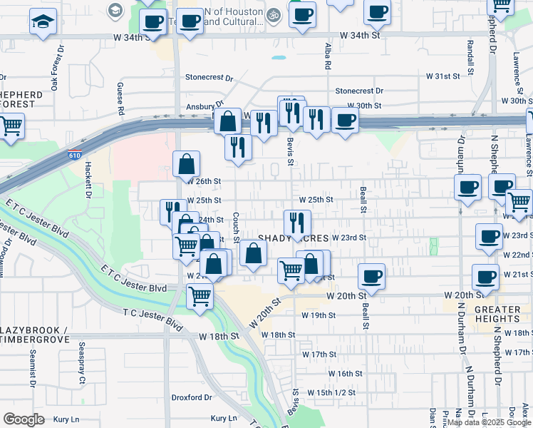 map of restaurants, bars, coffee shops, grocery stores, and more near 1339 West 24th Street in Houston