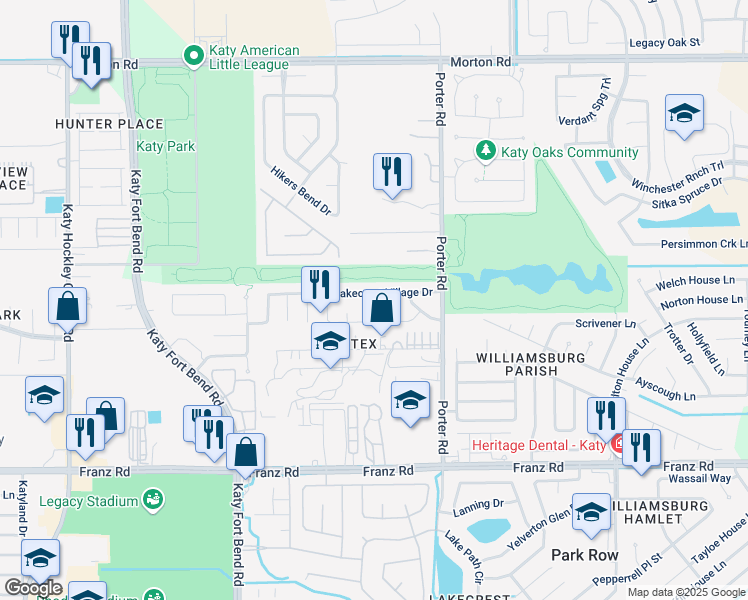 map of restaurants, bars, coffee shops, grocery stores, and more near 2410 Lakecrest Terrace Court in Katy