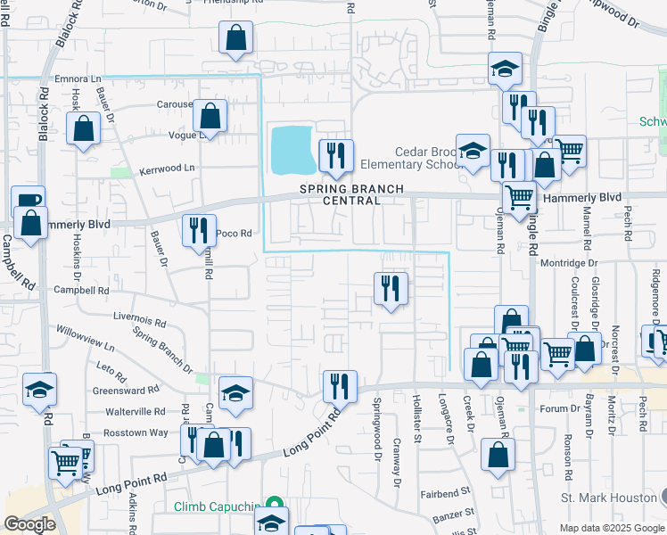 map of restaurants, bars, coffee shops, grocery stores, and more near 1953 Knoll Street in Houston