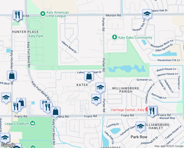 map of restaurants, bars, coffee shops, grocery stores, and more near 24503 Lakecrest Village Drive in Katy