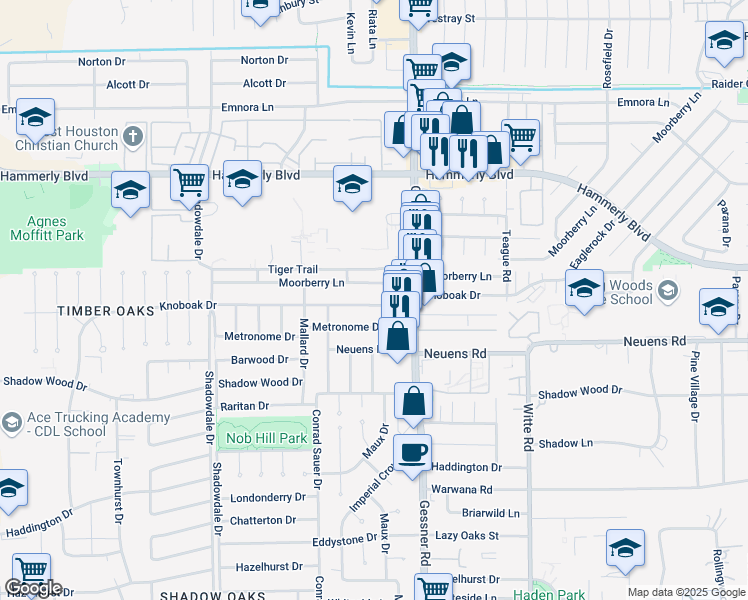 map of restaurants, bars, coffee shops, grocery stores, and more near 10230 Knoboak Drive in Houston