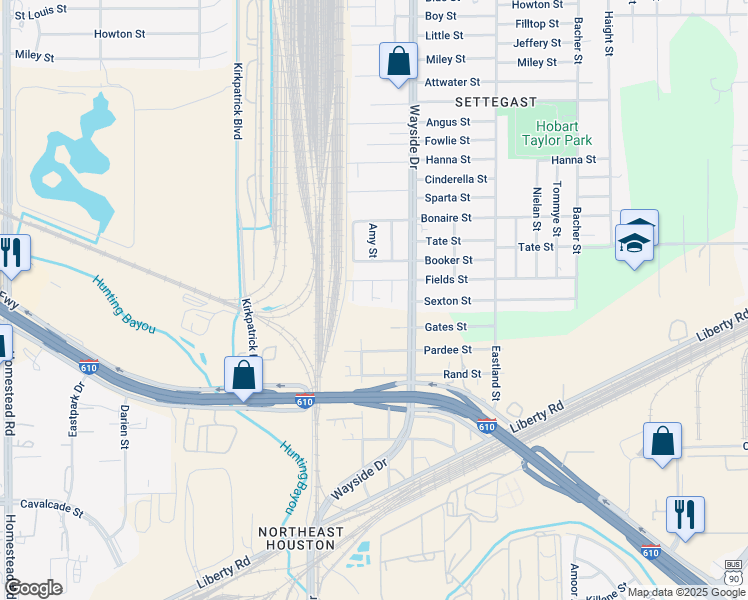 map of restaurants, bars, coffee shops, grocery stores, and more near 5202 Amy Street in Houston