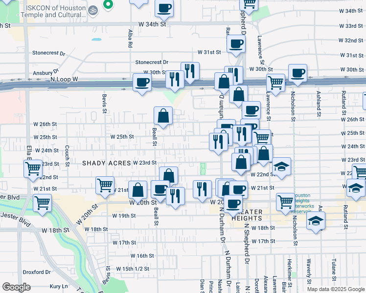map of restaurants, bars, coffee shops, grocery stores, and more near 919 West 24th Street in Houston