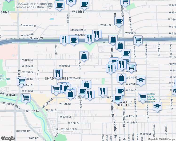 map of restaurants, bars, coffee shops, grocery stores, and more near 1007 West 24th Street in Houston