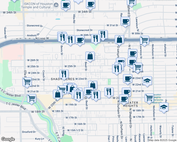 map of restaurants, bars, coffee shops, grocery stores, and more near 2402 Beall Street in Houston