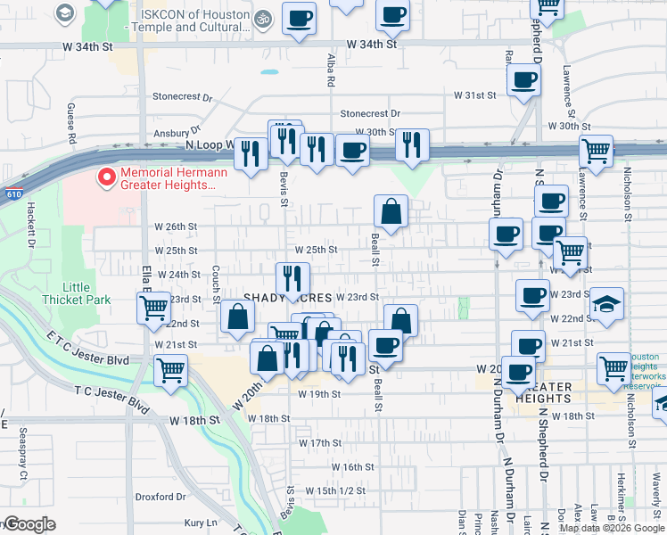 map of restaurants, bars, coffee shops, grocery stores, and more near 1135 West 24th Street in Houston