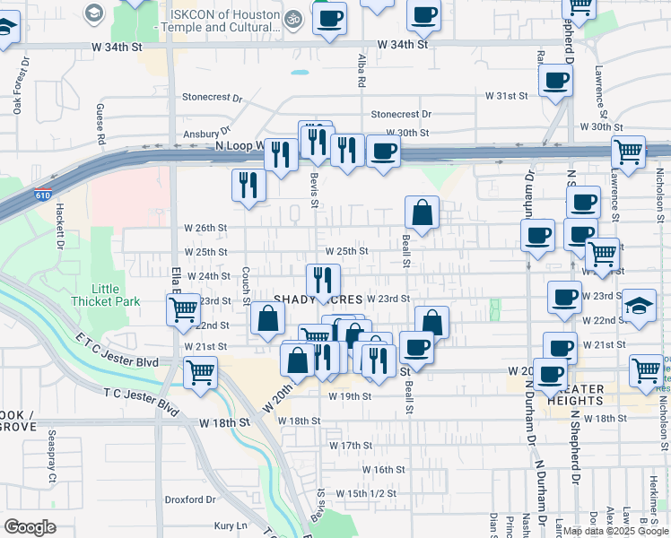 map of restaurants, bars, coffee shops, grocery stores, and more near 1219 West 24th Street in Houston