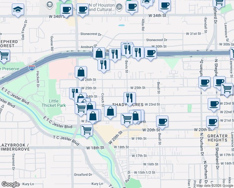map of restaurants, bars, coffee shops, grocery stores, and more near 1339 West 24th Street in Houston