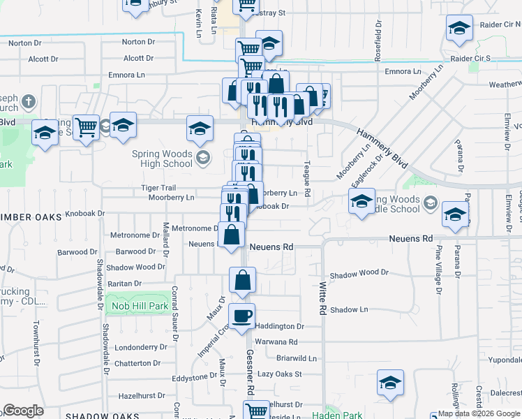map of restaurants, bars, coffee shops, grocery stores, and more near 10139 Knoboak Drive in Houston