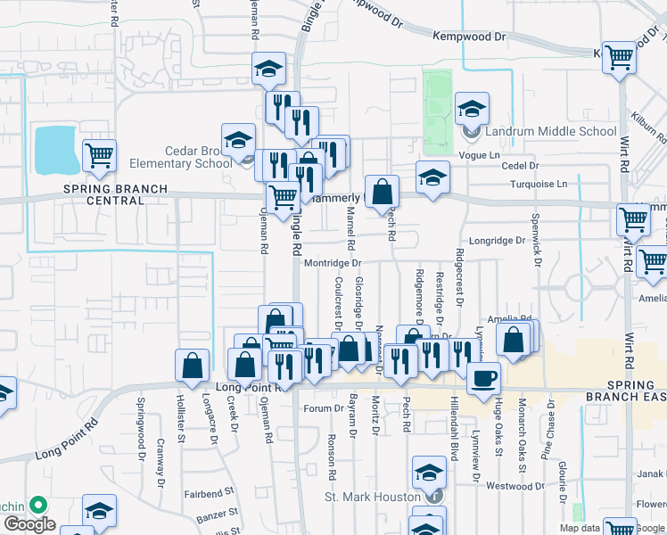 map of restaurants, bars, coffee shops, grocery stores, and more near 8541 Montridge Drive in Houston