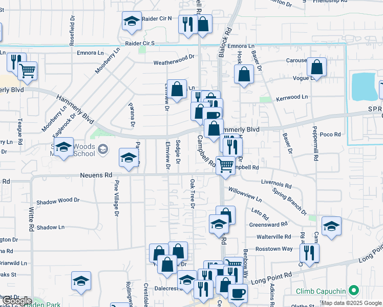 map of restaurants, bars, coffee shops, grocery stores, and more near 1925 Stillwood Drive in Houston