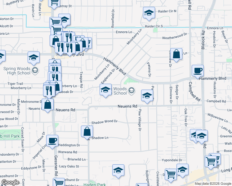map of restaurants, bars, coffee shops, grocery stores, and more near 9815 Canoga Lane in Houston