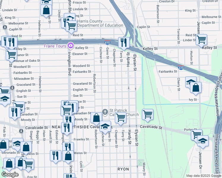 map of restaurants, bars, coffee shops, grocery stores, and more near 5306 Gano Street in Houston