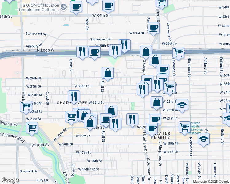 map of restaurants, bars, coffee shops, grocery stores, and more near 1007 West 24th Street in Houston