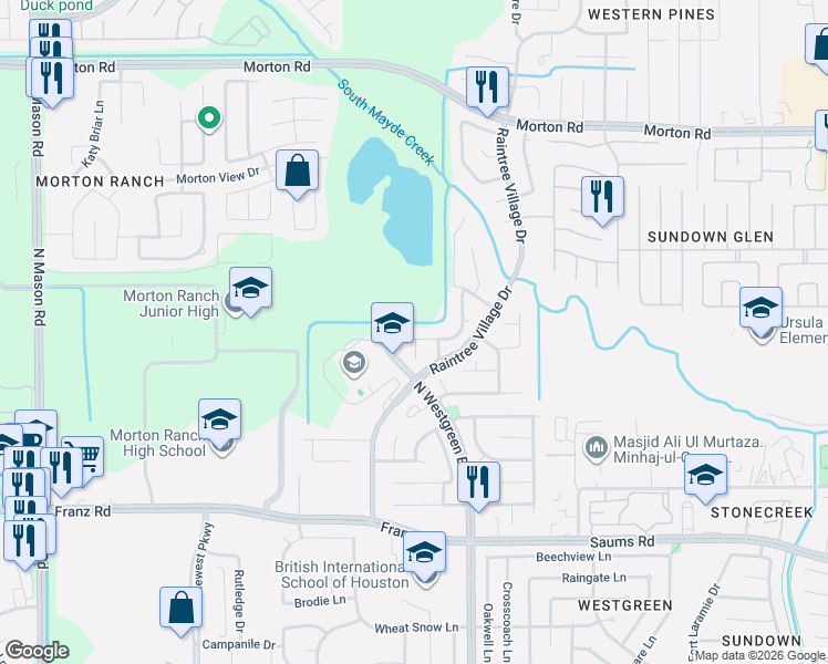 map of restaurants, bars, coffee shops, grocery stores, and more near 20402 Pomegranate Ln in Katy