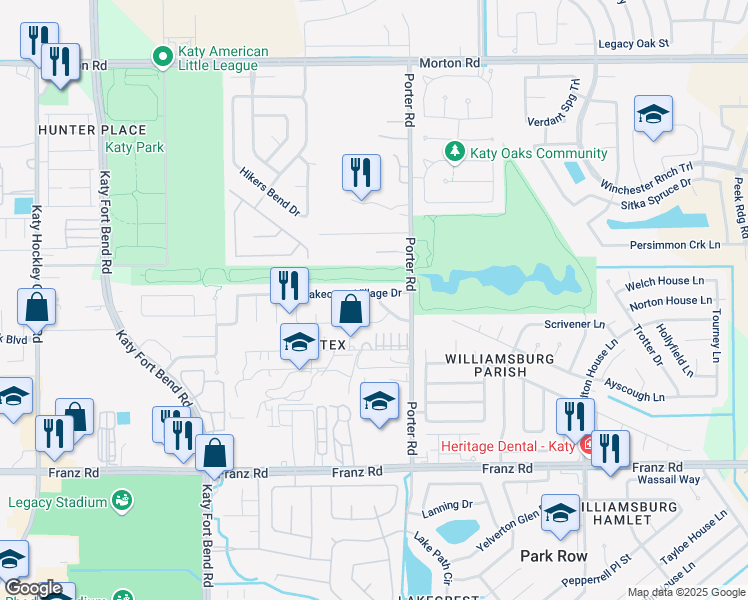 map of restaurants, bars, coffee shops, grocery stores, and more near 24503 Lakecrest Village Drive in Katy