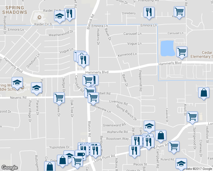 map of restaurants, bars, coffee shops, grocery stores, and more near 9417 Montridge Drive in Houston