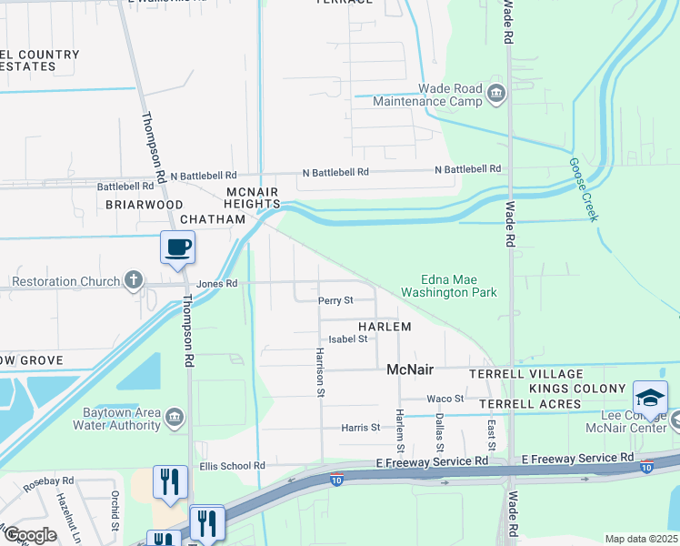 map of restaurants, bars, coffee shops, grocery stores, and more near 2323 Jones Road in Baytown