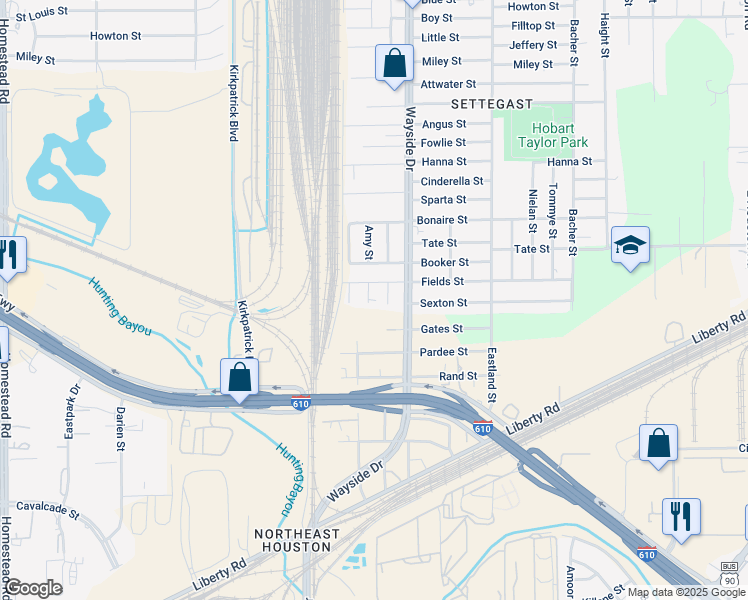 map of restaurants, bars, coffee shops, grocery stores, and more near 5202 Amy Street in Houston