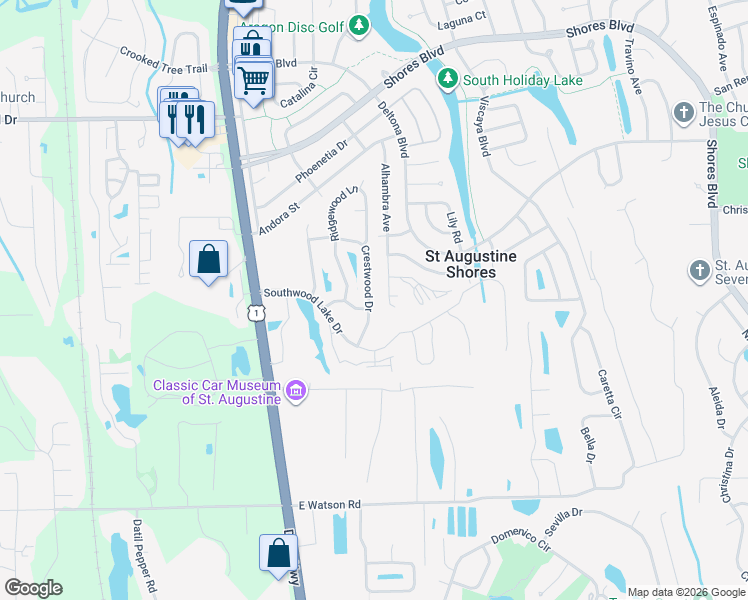 map of restaurants, bars, coffee shops, grocery stores, and more near 800 Crestwood Drive in St. Augustine