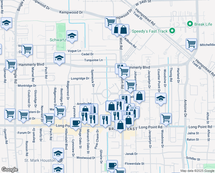 map of restaurants, bars, coffee shops, grocery stores, and more near 7904 Amelia Road in Houston