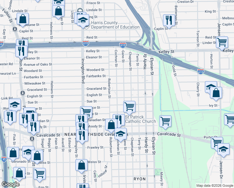 map of restaurants, bars, coffee shops, grocery stores, and more near 5335 Cochran Street in Houston