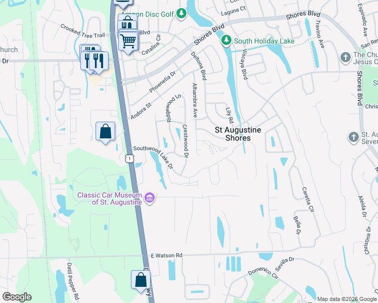 map of restaurants, bars, coffee shops, grocery stores, and more near 800 Crestwood Drive in St. Augustine